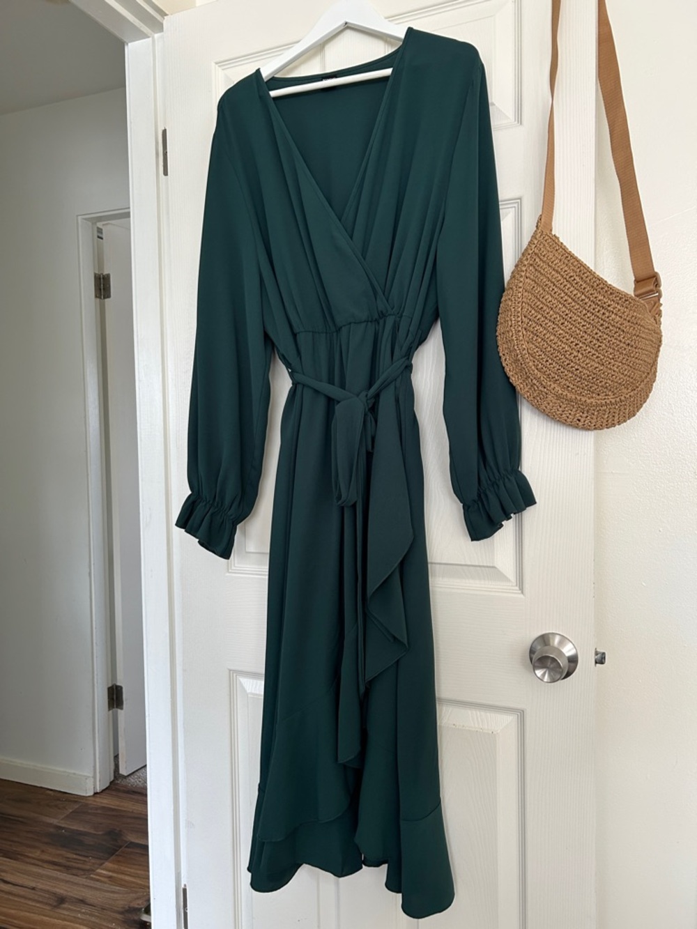 Elegant Deep Teal Wrap Midi Dress with Ruffle Cuffs